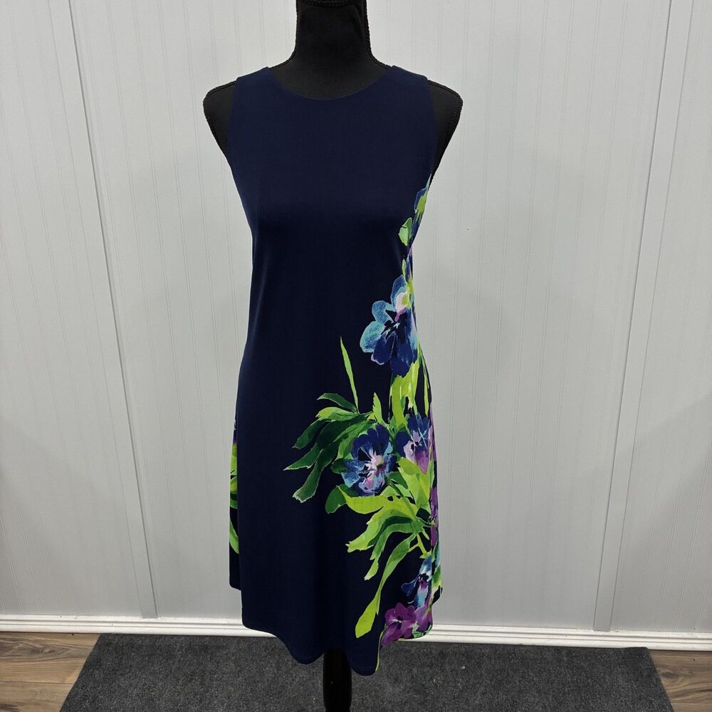 Lauren Ralph Lauren Womens Sz 10 Blue Floral Stretch Shift Dress Feminine Bright